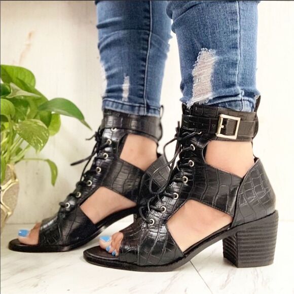 Black Croco Open Toe Bootie - Picture 3 of 6